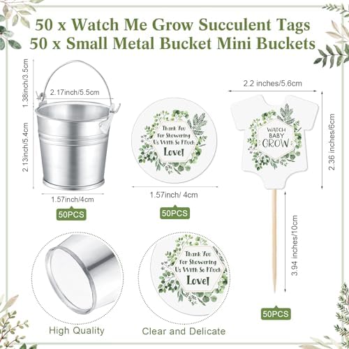 Fulmoon 151 Pcs Baby Shower Favors for Guests Include 1 Greenery Sign 50 Watch Baby Grow Succulent Tags 50 Small Metal Bucket with 50 Succulent Stickers for Guests - Image 3
