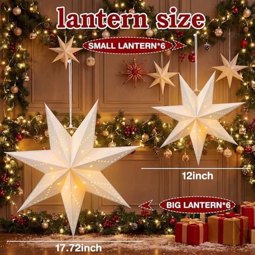 Youyole 12 Set Christmas Paper Star Lantern with Lights, 7 Pointed - Image 3