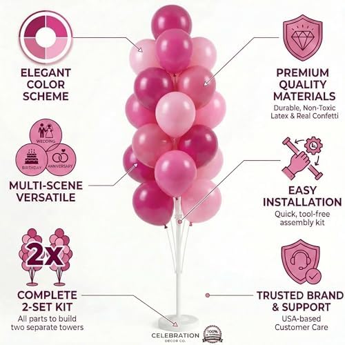 HIINS 2 Set Pink Balloon Tower Stand,5FT with Water Fillable Base for Party - Image 3