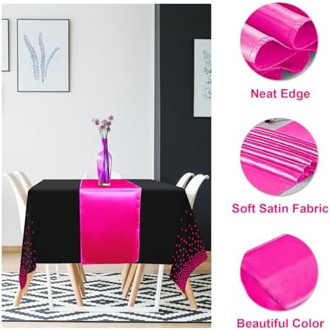 MASHAN 16Pack Disposable Plastic Party Tablecloths and Satin Table Runner Set - Black Hot Pink Dot - Wedding, Birthday, Baby Shower, Anniversary, Holiday Party Decorations - Image 3