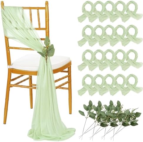 QueenDream Sage Green Chair Sashes: 16 Packs Wedding Aisle Decorations 8ft Long Draping Fabric Sheer Church Chair Cover Bulk for Party Banquet by QueenDream