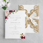 20Pcs Personalized Wedding Invitation, Customized Gold Glitter Laser Cut Invitation Cards With Envelopes Rhinestone Pearls and Ribbons For Wedding XV Anos Quinceanera Invitation by FEIYI