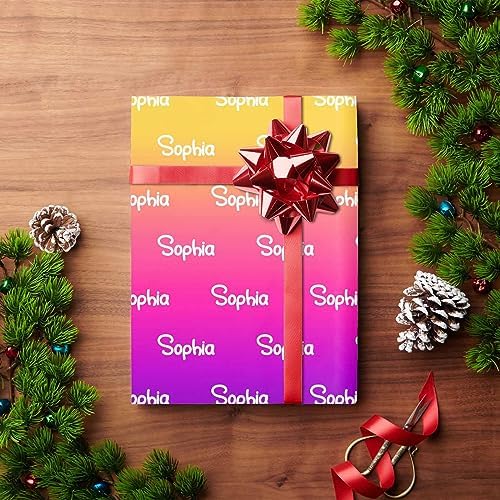 MyPupSocks Custom Text Wrapping Paper Gradient Yellow And Pink, Personalized Name Gift Wrap Paper Funny Wrapping Paper Roll 58x23 for Boys Girls Kids Birthday Christmas Winter Holiday 3 Rolls - Image 4