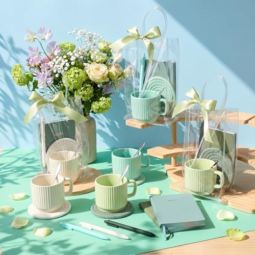36 Pcs/6 Sets Baby Shower Prizes for Winners Include Ceramic Mugs with Spoons Woven Coasters Notebooks with Pens Clear PVC Gift Bags for Bridal Shower Party Favors(Green) - Image 5