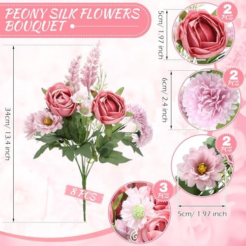 Zeyune 8 Pcs 13.4 Inch Artificial Flowers Bouquet,Rose,Bean Paste Pink - Image 2