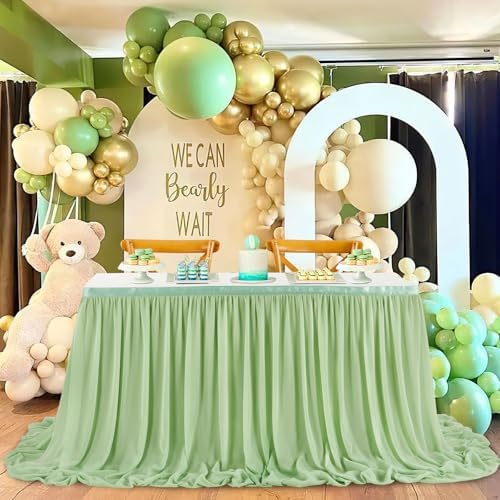Sage Green Table Skirt 14FT Chiffon Table Skirting 2 Layer Rectangle Green Tablecloth for Birthday Baby Shower Wedding - Image 4