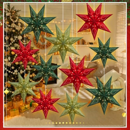 Youyole 12 Set Christmas Paper Star Lantern with Lights, 7 Pointed - Image 5