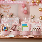 8 Pack Scalloped Small Woven Basket with Gift Bags and Ribbons 12"x 8"x 5" Cotton Rope Storage Organizer with Handles Cute Empty Gift Basket for Nursery Birthday Baby Shower, Pink - Image 2