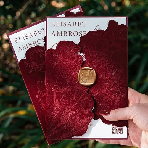 Burgundy Velvet Wedding Invitations, Elegant Flower Laser Cut Invitation with QR Code, Luxury Gold Wax Seals, Customizable Tri Fold Invitations Card (25pcs Customized Invitation) by YaboQuirkCraft