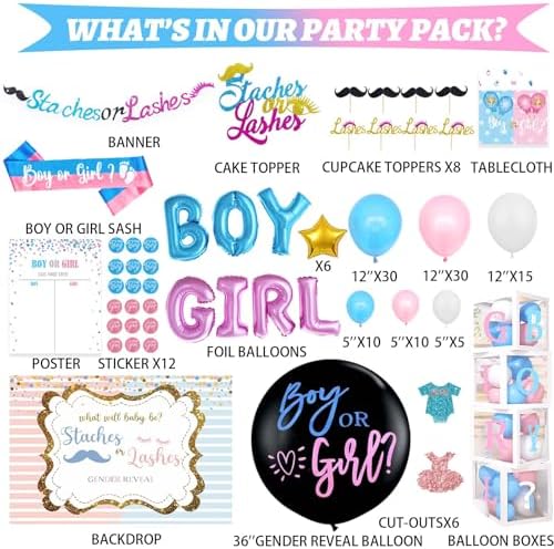 Hombae Staches or Lashes Gender Reveal Decorations, 169 PCs Boy or Girl Gender Reveal Decorations Backdrop Balloon Garland Banner Tablecloth Cake Cupcake Topper Box Cutout Poster Sash Pink Blue - Image 2