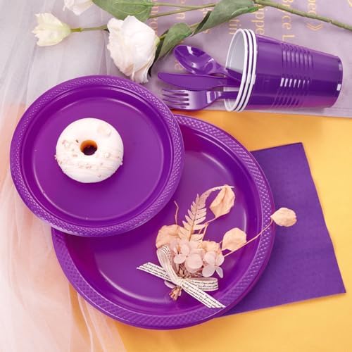 MirthMood 350Pcs Purple Plates,Party Supplies,Purple Plastic Dinnerware Set - Image 3