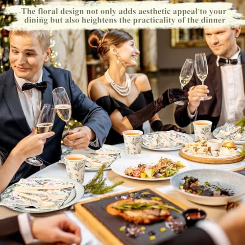 400 Pcs Wild Floral Disposable Paper Plates Napkins Cups Serve 50 Watercolor Floral Tableware Set for Spring Wedding Tea Party Decoration Bridal Baby Shower(Vintage Color, Classic Style) - Image 5