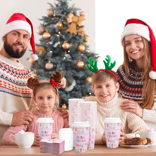 Whaline 50Pcs Merry Christmas Disposable Coffee Cups with Lids and Sleeves Pastel Pink Nutcracker Paper Drinking Cup for Xmas Birthday Party Supplies - Image 6