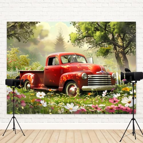 8x6ft Spring Backdrop Garden Red Truck Photography Background Colorful Flowers Green Grass Forest Natural Scenery Easter Banner Decorations Birthday Baby Shower Portrait Photo Booth Prop - Image 4