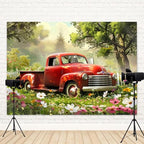 15x8ft Spring Backdrop Garden Red Truck Photography Background Colorful Flowers Green Grass Forest Natural Scenery Easter Banner Decorations Birthday Baby Shower Portrait Photo Booth Prop - Image 4