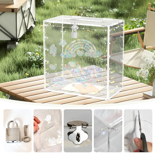 Sankoly Acrylic Wedding Card Box with Lock, Clear Large Card Boxes with String Light and Festival Static Cling Sticker, Money Box Holder for All Kinds of Parties Reception - Image 4