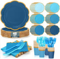 Light Blue Paper Plates and Napkins Party Supplies for 48 Guests, Disposable 9’’ Scalloped Blue and Gold Gradient Tableware Set for Birthday, Wedding, Baby Shower Decorations by UseOnceDoneRight