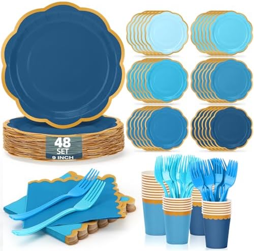 Light Blue Paper Plates and Napkins Party Supplies for 48 Guests, Disposable 9’’ Scalloped Blue and Gold Gradient Tableware Set for Birthday, Wedding, Baby Shower Decorations by UseOnceDoneRight