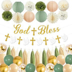 Sage Green and Gold Baptism Party Decorations - First Communion Decorations Boys Girls Christening Decor God Bless Banner Garland Tissue Paper Pom Poms and Balloons for Mi Bautizo Party Supplies by Rahase