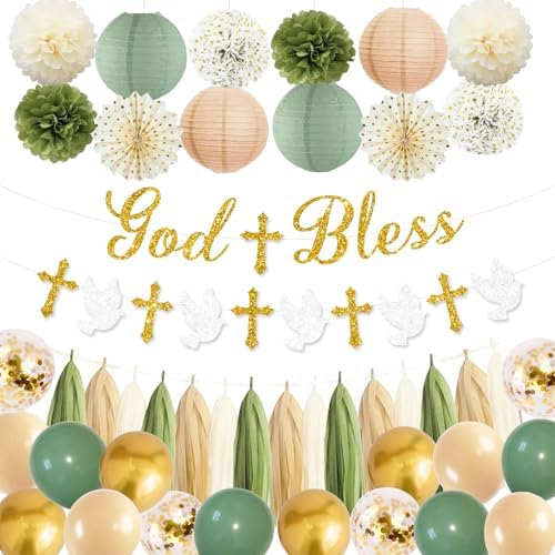 Sage Green and Gold Baptism Party Decorations - First Communion Decorations Boys Girls Christening Decor God Bless Banner Garland Tissue Paper Pom Poms and Balloons for Mi Bautizo Party Supplies by Rahase