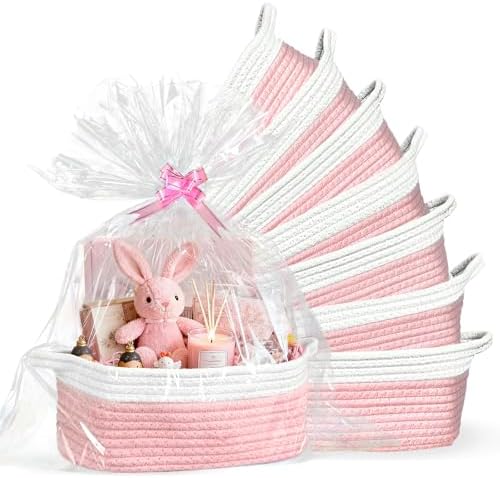 8 Pack Small Woven Baskets with Gift Bags & Ribbons & Cards, Cotton Rope Durable Storage with Handles 12"x8"x5" Empty Gift Baskets for Mother's Day, Baby Showers, Birthdays & Raffle (Pink) by Succwoah