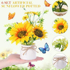 Zeyune Artificial Sunflower Potted Plants Rustic Wedding Table Centerpieces Summer Spring Kitchen Silk Yellow Flower with Plastic Pot for Home Bathroom Office Bridal Shower(6 Pcs,White,Sunflower) - Image 3