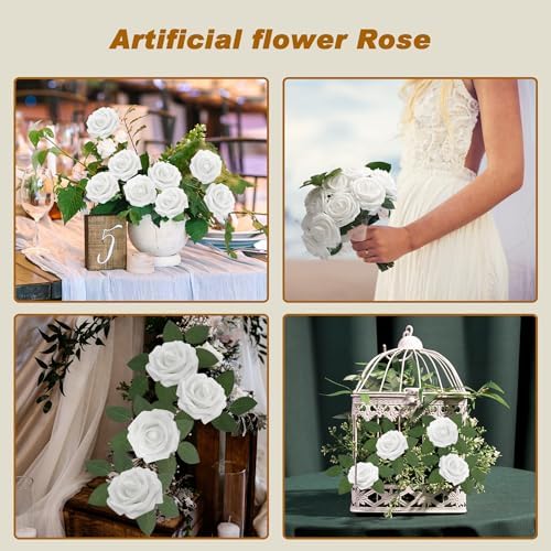 100 PCS White Artificial Flowers Realistic Roses - Real Looking Fake Roses with Bentable Stem for DIY Wedding Bouquets Centerpieces Bridal Shower Party Home Romantic Decorations (White) - Image 3