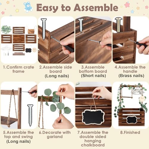 Wooden Baby Shower Crate Closet with Handle and Garland, Large Capacity Baby Baskets for Baby Shower, Easy Assembly Baby Shower Basket for Welcome Newborn Parents Party (Dark Walnut) - Image 3