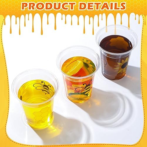 Sliner 120 Pcs Honey Bee Party Decoration Cups, 12 oz Clear Disposable Drinking Honey Cup, First Bee Day Plastic Cups Bulk with Paper Straws, Lids for Home, Kitchen, Baby Shower Summer Birthday - Image 4