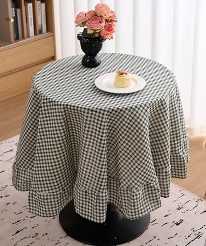 vctops Farmhouse Green Plaid Ruffle Table Cloth, Boho Cotton Linen Tablecloth, Washable Table Cover for Round Table Baby Shower Kitchen Party Wedding Decor (Grey Green,70") - Image 2
