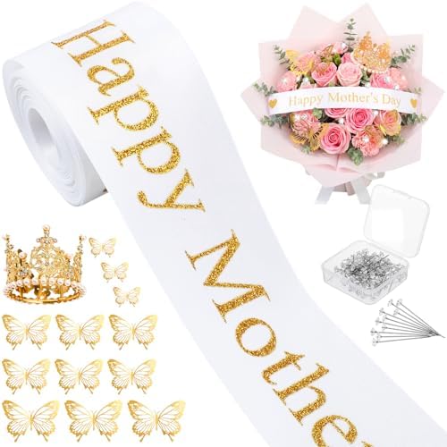 Zeyune 114 Pcs Flower Bouquet Accessories Includes 2 in x 5 Yard Glitter Mother's Day Satin Ribbon, Gold Bouquet Crown, Butterfly Decor and Rhinestone Flower Pin for Birthday Wedding Baby Shower by Zeyune
