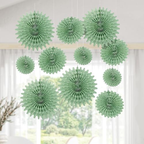 Fun Express Sage Green Hanging Tissue Paper Fans - 12 Piece - Image 3