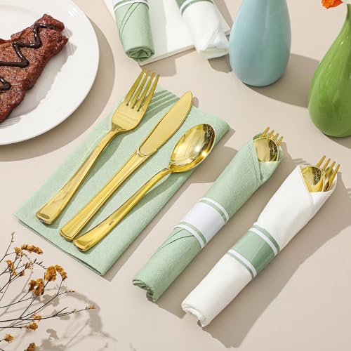 Lasnten 50 Pcs Pre-rolled Gold Plastic Silverware Set, Sage Green - Image 2