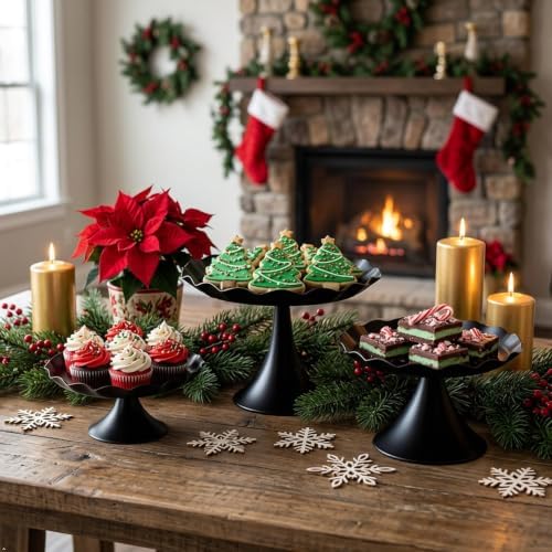 3 Pcs Black Metal Cupcake Stand Scalloped Edge Dessert Display Tray - Image 4