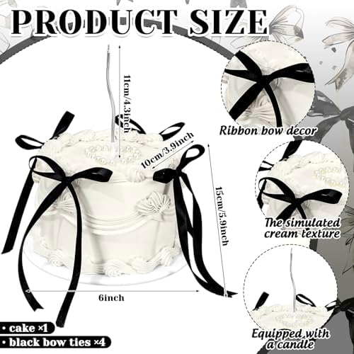 JarThenaAMCS 6 Inch White Fake Cake with Black Bows Round Artificial Fake Birthday Cake Coquette Dessert Decor for Wedding Party Display Photo Props Supplies - Image 2