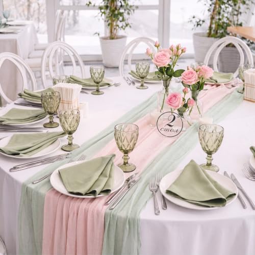 6 Pcs Sage Green and Dusty Pink Fairy Party Gauze Table Runner - Image 3