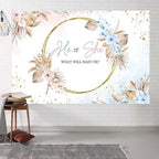 20x10ft Boho Gender Reveal Backdrop Boy or Girl Boho Flowers Gold Spots Photography Background He or She Reveal Party Cake Table Banner Decorations Supplies Photo Studio Props - Image 4