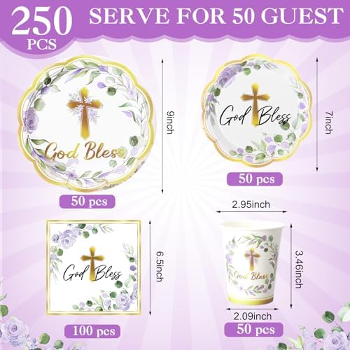 Ziliny 250 Pcs God Bless Baptism Party Tableware Set for 50 Guest First Holy Communion Decorations Purple Eucalyptus Leaves Paper Plates Napkins and Cups for Christening Baby Shower Religious - Image 2