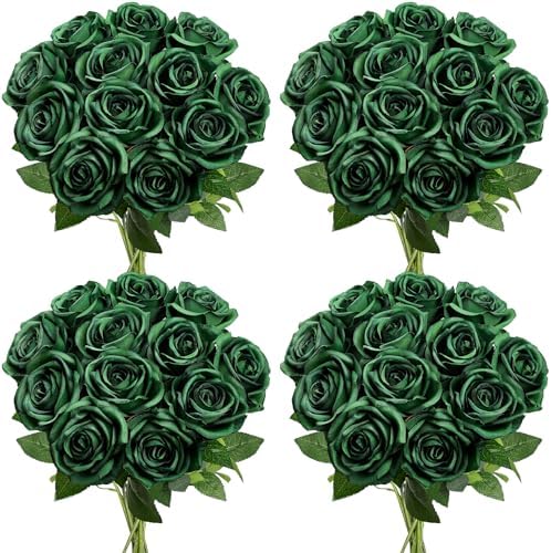 48 PCS Emerald Green Roses Artificial Flowers, Silk by DIYDOFUN
