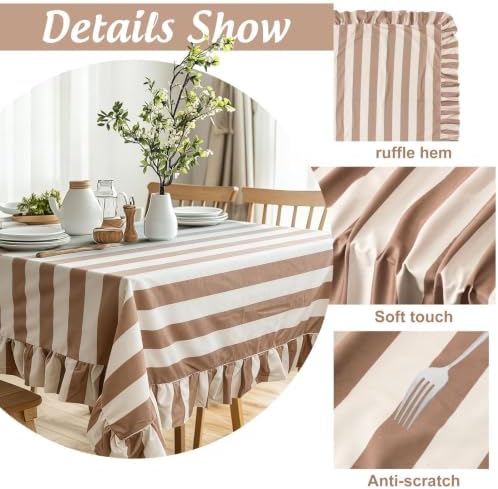 JarThenaAMCS Ruffle Tablecloth Table Cloth Beige Brown Striped Rectangle Decorative Table Cover for Baby Shower Home Kitchen Farmhouse Party Wedding Decor, 55 x 70 Inch - Image 3