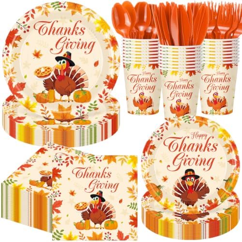 Funnymoom 400 Pcs Thanksgiving Party Supplies for 50 Guests Turkey Fall Leaves Paper Plates and Napkins Cups Disposable Autumn Dinner Parties Set Cutlery for Friendsgiving Fall Party Favor by Funnymoom