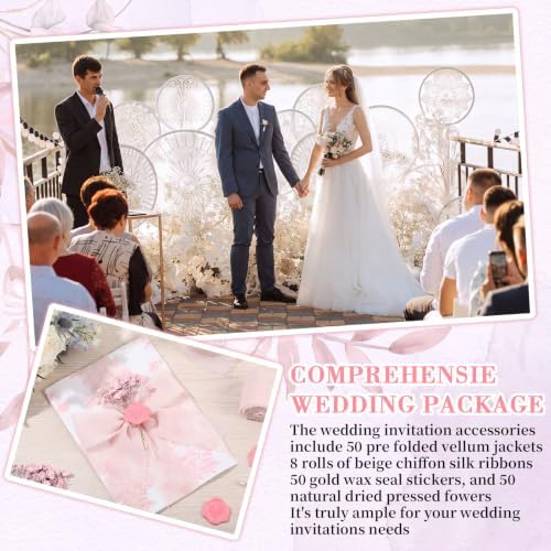 Fullhawl 50 Sets Wedding Invitations Wraps Set Pre Folded Vellum Jackets for 5 x 7 Invitations Dried Flowers Wax Seal Stickers Chiffon Silk Ribbon for Wedding Birthday Bridal Shower (Light Pink) - Image 6