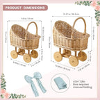 Woven rattan baby stroller baskets, vintage rattan flower cart, wicker stroller carriage for baby shower,wedding and gift decorations, pushcart-style decorative flower stands (12 in + 15 in) - Image 3