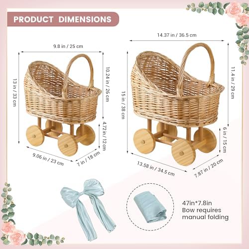 Woven rattan baby stroller baskets, vintage rattan flower cart, wicker stroller carriage for baby shower,wedding and gift decorations, pushcart-style decorative flower stands (12 in + 15 in) - Image 3