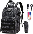 Diaper Bag Backpack with USB Charging Port Stroller Straps and Insulated Pocket,army military Travel Nappy Backpack for Dad/Mom (Black Camo) by Qwreoia-CoolDiaperBagStyle