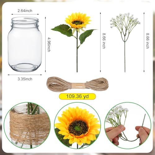 43 Pcs/ 6 Set Sunflower Mason Jar Table Centerpiece Mason Jar Vases - Image 2
