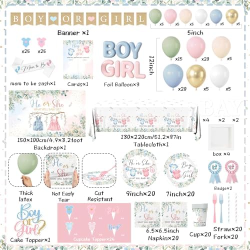 Gender Reveal Decorations,271pcs Greenery Boy or Girl Gender Reveal Plates and Napkins Cups Banner Backdrop Tablecloth Cake Topper Balloon for He Or She Gender Reveal Decorations - Image 6