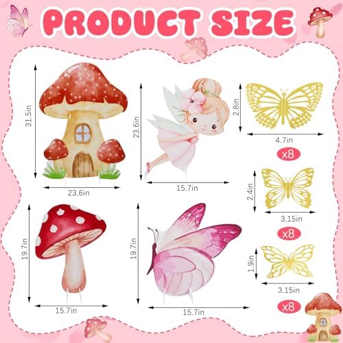 4 Pcs 23.6 Inch Large Fairy Theme Cardboard with Stand and 20 Butterfly Cutout, Prop up Mushroom Butterfly Fairy Yard Signs Decoration for Forest Wonderland Garden Fairytale Photo Prop - Image 2