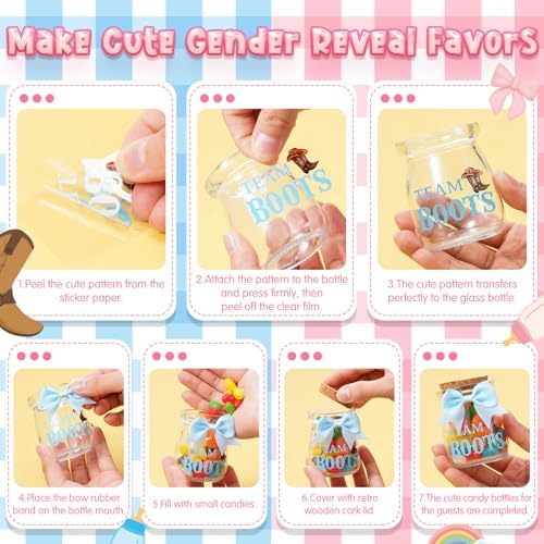 Funnymoom 24 Sets Baby Shower Bottles Favors for Guests Glass 100 ml Milk Jar with Ribbons and Stickers Decorations for Gender Reveal Newborn Centerpiece Party Favor(Pink & Blue,Team Bows & Boots) - Image 5