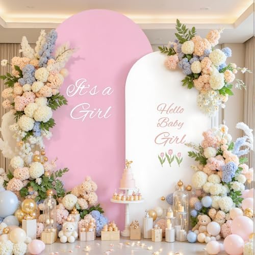 White Pink Photo Arch Backdrop Cover Set of 2-7.2ft and 6ft Arch Covers Stretchy Backdrop Spandex Baby Shower Arch Stand Covers for Girls Birthday Party Wedding Bridal Shower Background Decorations - Image 2